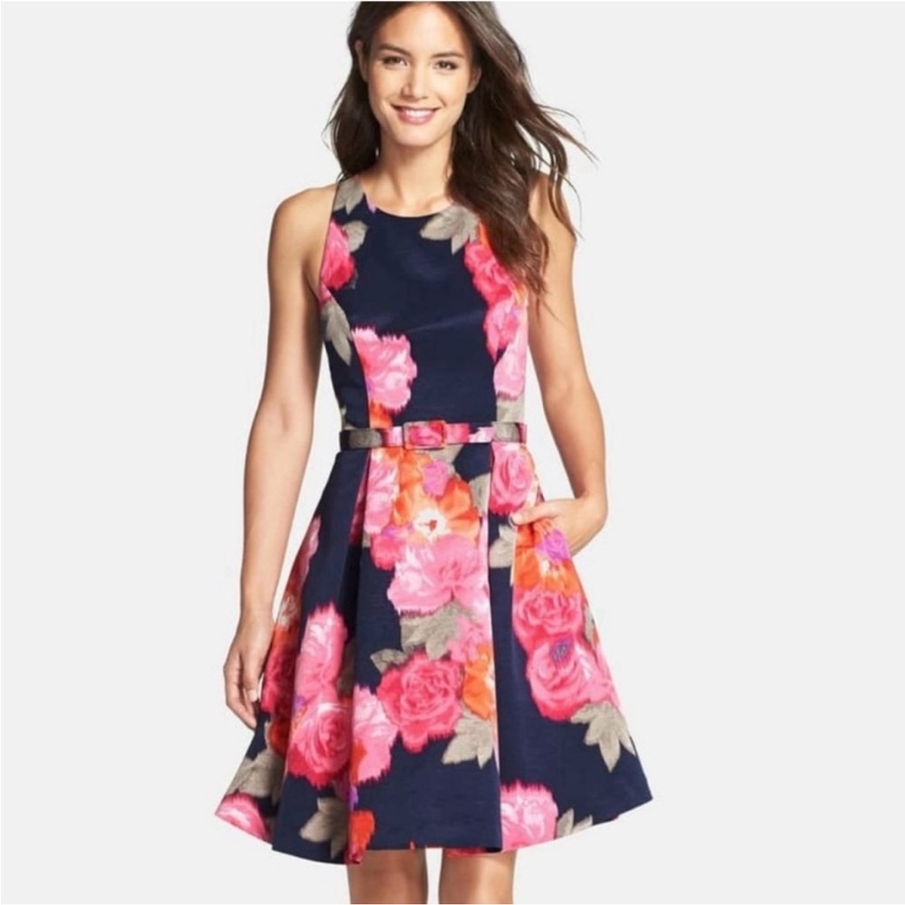 Eliza J Women’s Pink Navy Floral Fit Flare Belted Cocktail Dress Size 4